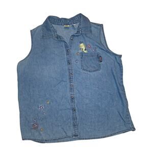 Vtg Tweety Bird Embroidered Denim Shirt Sleeveless Size 18/20W Looney Tunes